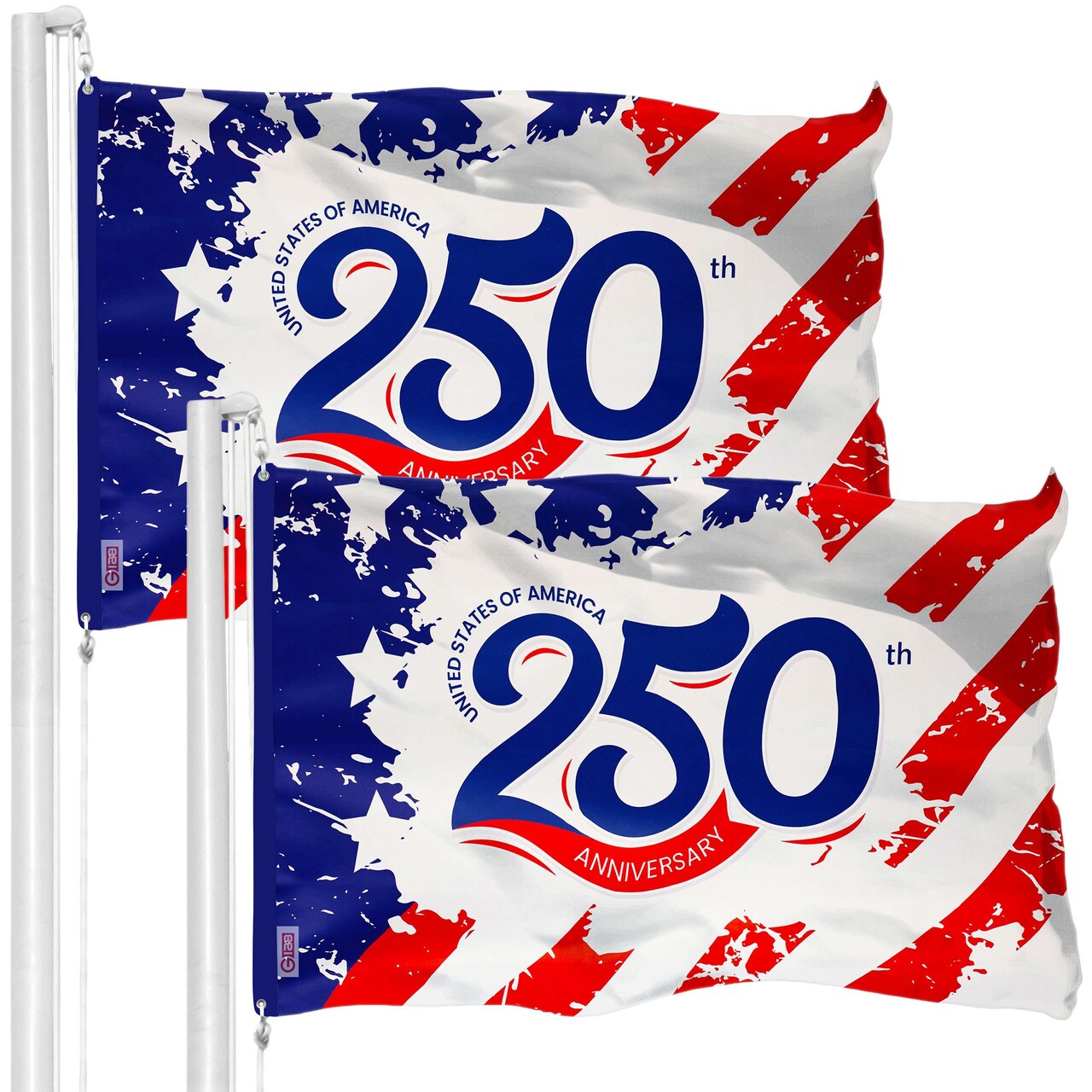 G128 2 Pack: USA 250th Anniversary Red Stripes Flag | 3x5 Ft | Double Sided Printed 150D Polyester | America 1776-2026 Patriotic Banner with Brass Grommets | Durable Indoor/Outdoor Celebration Flag